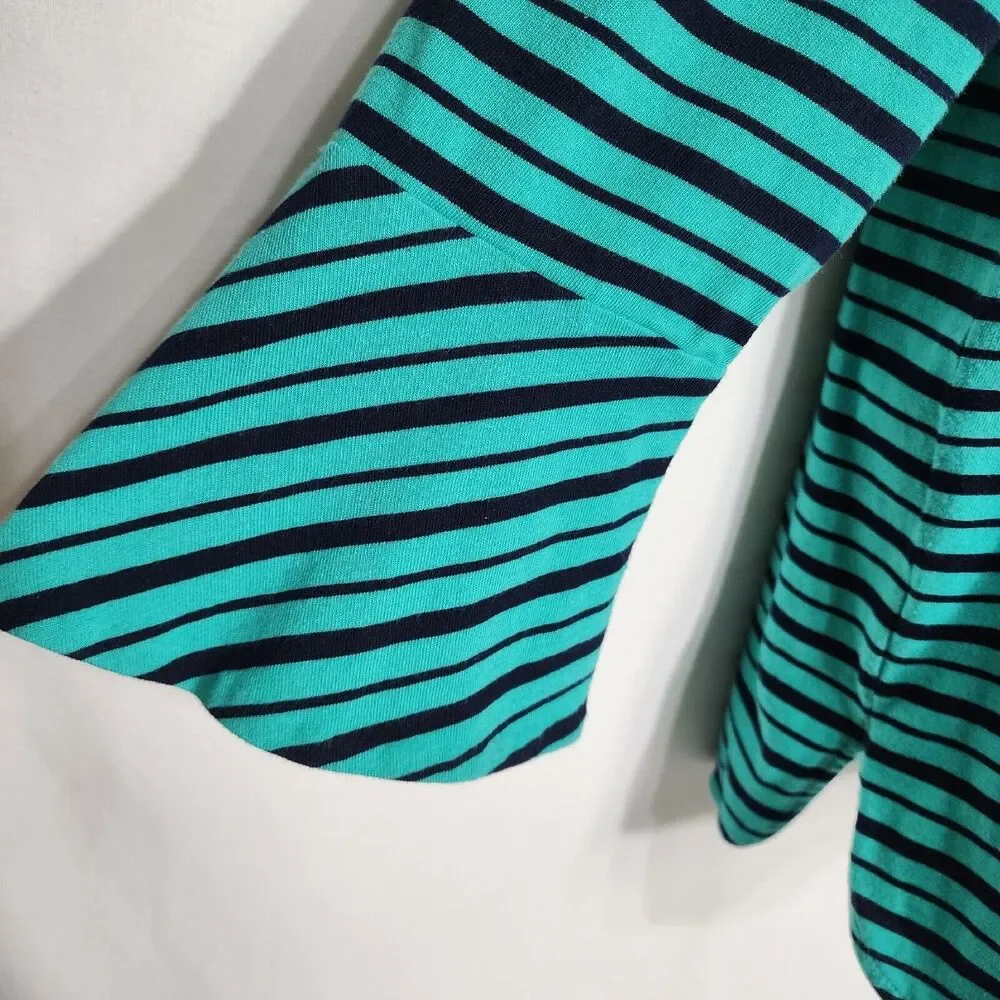 Talbots Womens Top Sz Large Green Blue Striped 3/4 Bell Sleeve Cotton Round Neck